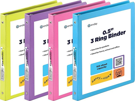 ½ Inch 3 Ring Binder .5 inch Clear View Cover by ENDAY
