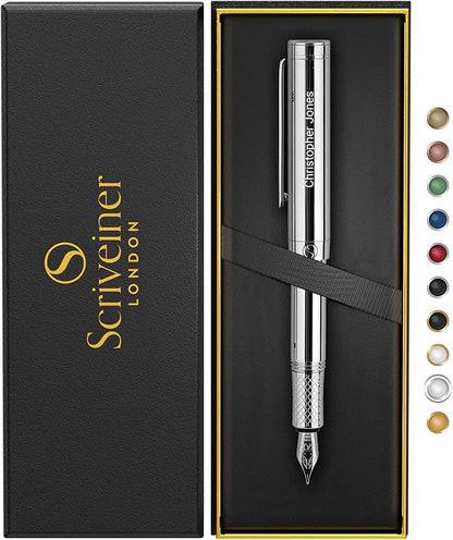Scriveiner Personalized Silver Chrome Fountain Pen, Award Winning Luxury Pen by Scriveiner