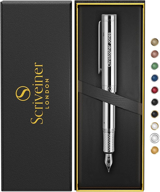 Scriveiner Personalized Silver Chrome Fountain Pen, Award Winning Luxury Pen by Scriveiner