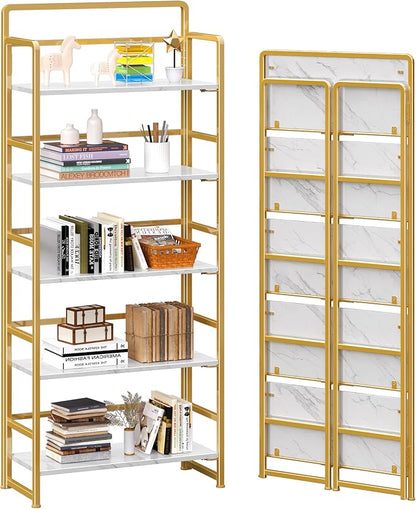 4NM No Assembly 5 Tiers Folding Bookshelf Storage Shelves Vintage Bookcase by 4NM