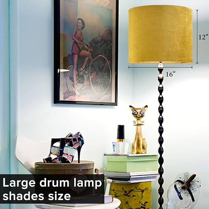 GO&SO Set of 1 Large Drum Yellow Velvet Lamp Shade -16" Top x 16" Bottom x 12" - Image 4