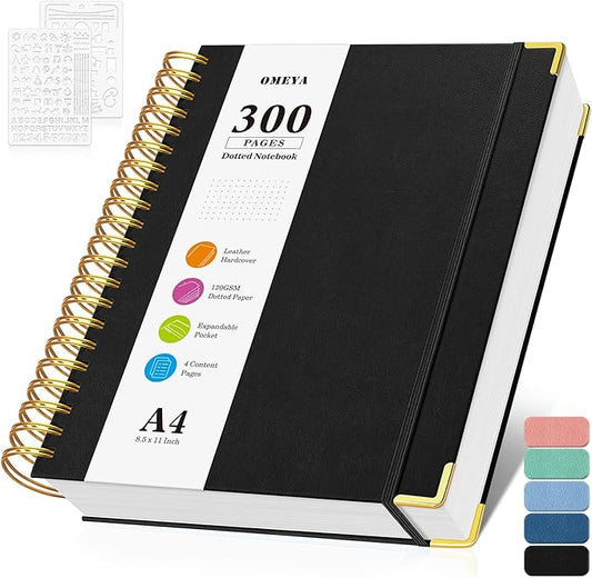 Bullet Dotted Journal Spiral Notebook, 300 Pages Leather Notebooks by OMEYA