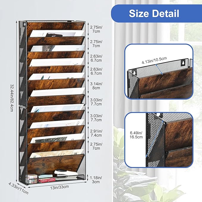 Solinxe 10-Tier Wall File Organizer, Wood Mail Organizer Wall Mounted Paper - Image 6