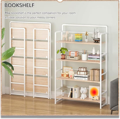 4NM No Assembly Extra Wide 4 Tiers Folding Bookshelf Storage Shelves Vintage - Image 3