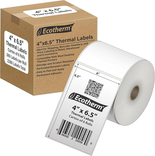 4" x 6.5" Thermal Labels | 6 Rolls | 2280 Labels | fits Zebra, Offnova Thermal by EcothermProducts