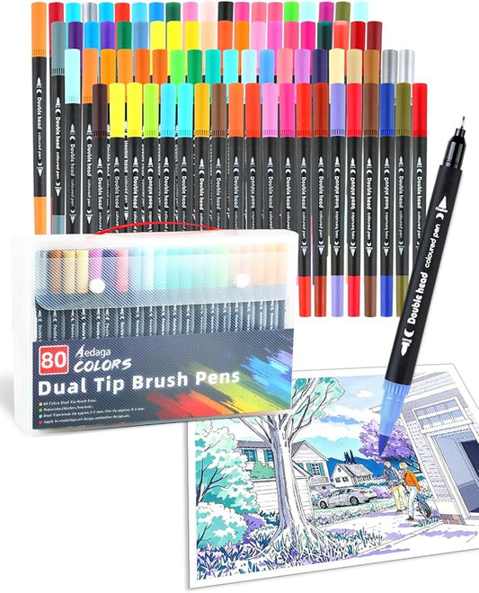AEDAGA 80 Colors Dual Tip Brush Pens, Fine Felt Tip and Brush Tips Colored Pens by AEDAGA