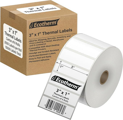 3" x 1" Thermal Labels | 6 Rolls | 15000 Labels | fits Zebra, Offnova Thermal by EcothermProducts