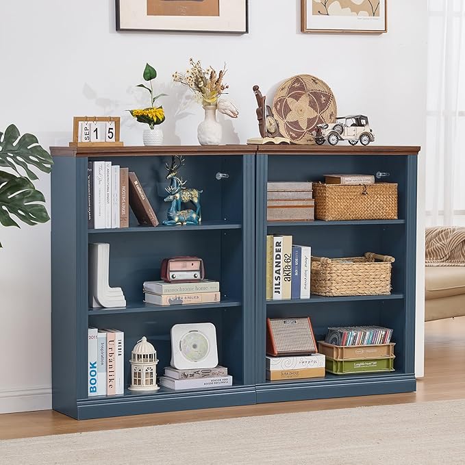 RWYHG 43" Blue Tall Bookshelf Set of 2, 3-Tier Thick Wooden Book Shelf - Image 7