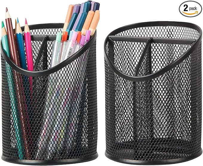 Delifox 2 Pack Pen Holder Mesh Round Pencil Holder Desktop Organizer 3 by Delifox
