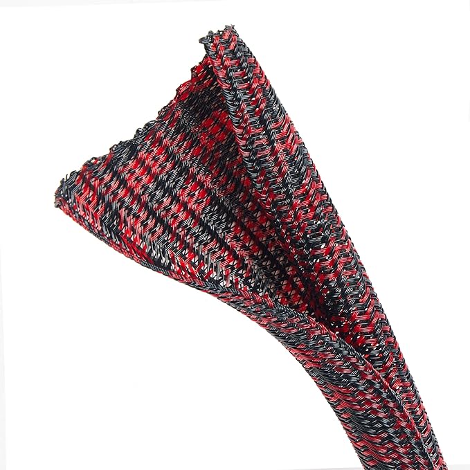 QCSIW Split Cable Sleeve, 3/4" 25ft Black Red Braided Wire Loom - Image 4
