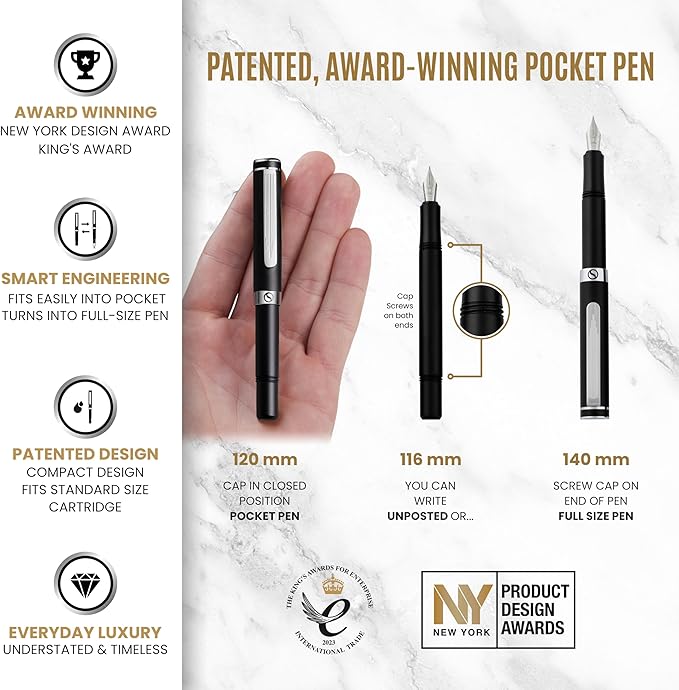 Scriveiner Personalized Luxury EDC Fountain Pen, Stunning Matt Black Pocket Pen - Image 4