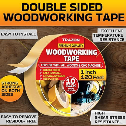 Trazon Double Sided Woodworking Tape Super Strong, 10 Pack, 1 Inch x 120 Feet - Image 2