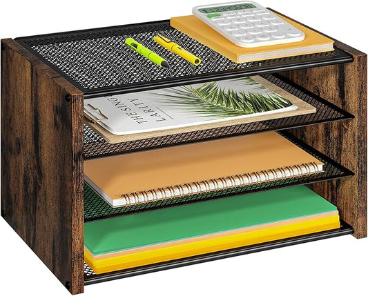 3-Tier Paper Letter Tray, Wooden Desk File Organizer, Stackable Metal Mesh Desk by DAOUTIME