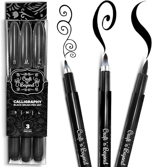 Craft 'n' Beyond Calligraphy Brush Pens Pack of 3 Small, Medium and Large by CraftnBeyond