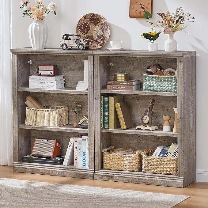 RWYHG 43" Grey Tall Bookshelf Set of 2, 3-Tier Thick Wooden Book Shelf by RWYHG