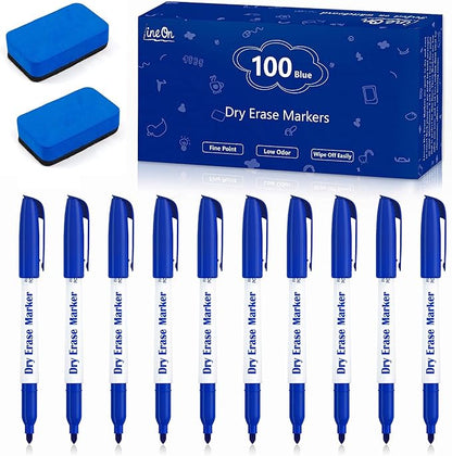Lineon Dry Erase Markers, 100 Bulk Pack Blue Whiteboard Markers by ShuttleArt