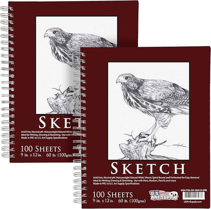 U.S. Art Supply 9"x12" Sketch Book Pad, 2 Pack, 60lb Spiral Bound by USArtSupply