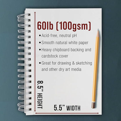 U.S. Art Supply 5.5"x8.5" Sketch Book Pad, 3 Pack, 60lb Spiral Bound - Image 3