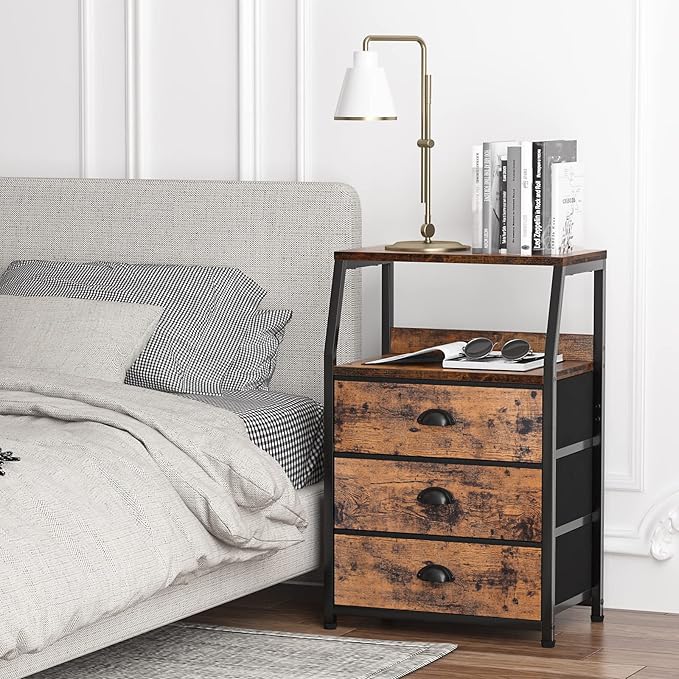 Furnulem Nightstand with 3 Drawers and 2-Tier Shelf, Fabric Small Dresser - Image 2