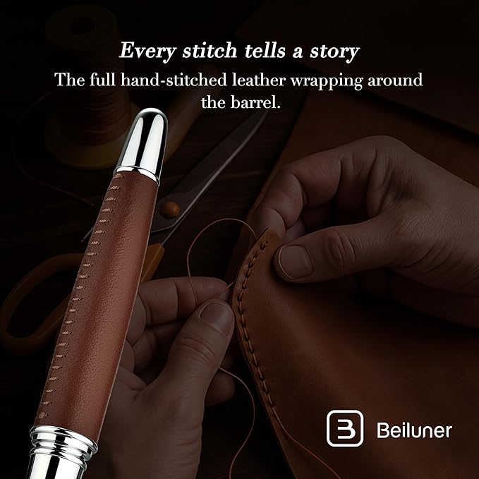 BEILUNER 318 Luxury Leather Pen, Hand-Stitched Premium Leather, Chrome-Plated - Image 3