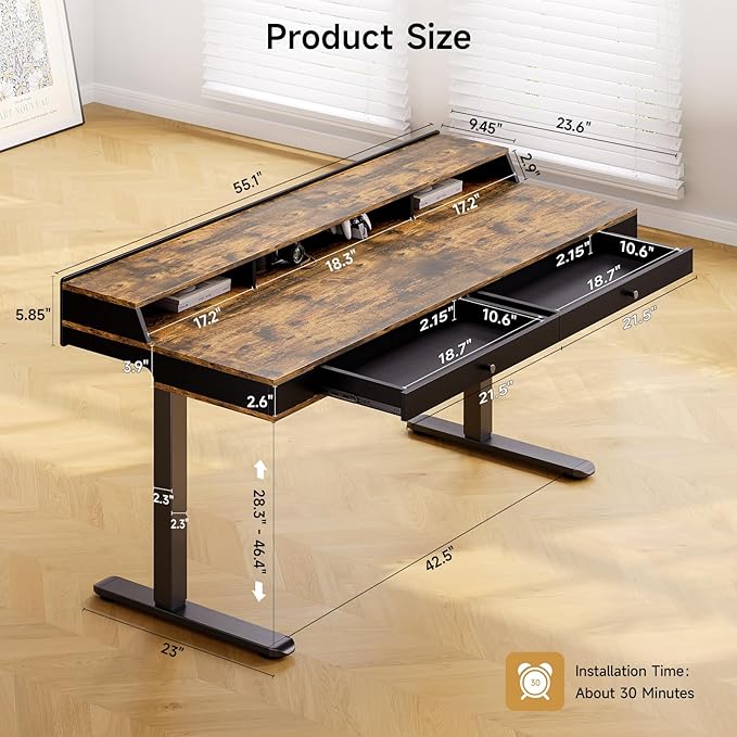 ONBRILL Standing Desk with Drawers, 55x23.6 Electric Stand Up Desk with Storage - Image 2