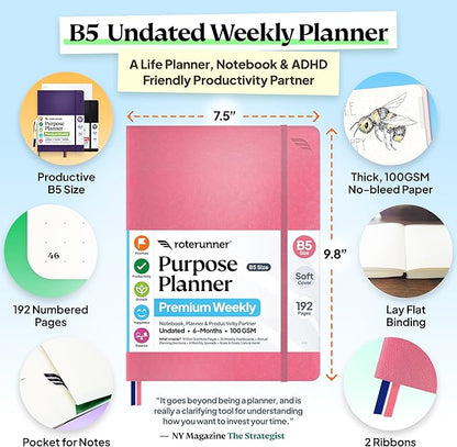 Roterunner Purpose Planner Notebook B5 7.5”x9.8” Undated 2026 Daily Weekly and - Image 2