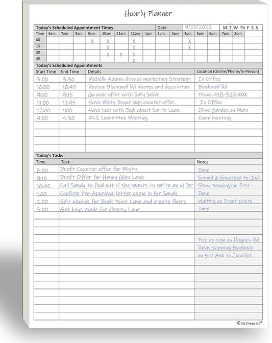 Hourly Planner Notepad. 60 Page Planning Pad w/Appointment Time Block, Task Log by LifeCharge