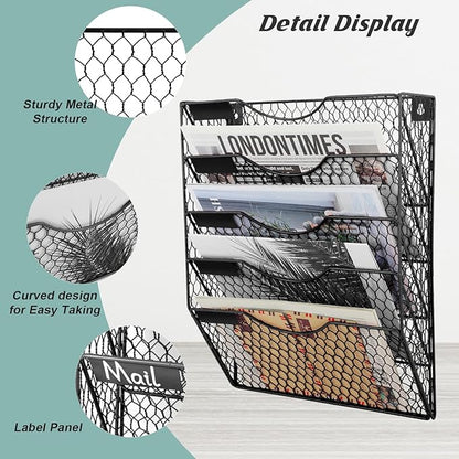 EASEPRES Mail Organizer Wall Mount, 5 Tier Metal Chicken Wire Hanging File - Image 3