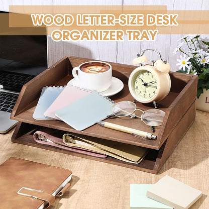 Beeveer 2 Pcs Wooden Letter Trays Wood Letter-Size Desk Organizer Heavy Duty 2 - Image 3