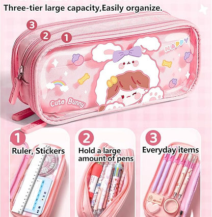 UINSUE Cute Pen case Adorable Bunny Transparent 3-Layer Large Capacity Pencil - Image 2