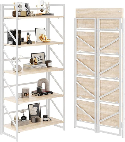 JSB No Assembly Folding Bookshelf, 5 Tier Industrial Metal Book Shelf by HomeFurniture