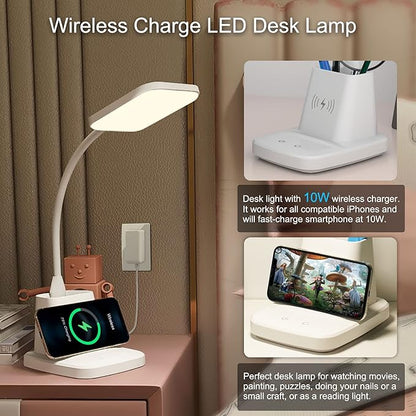 LED Desk Lamp with Wireless Charger, Sailstar White Desk Light with Pen Holder - Image 2