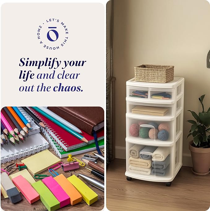 HOMZ Drawer Tower, 4-Tier Clear Plastic Storage Organizer Cart, and Classroom - Image 7