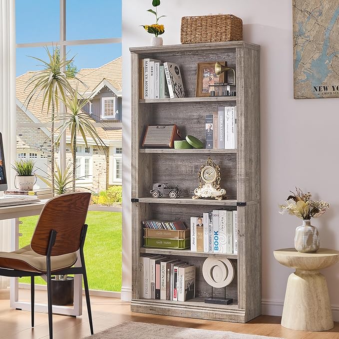 RWYHG 70" Grey Tall Bookshelf, 5-Tier Thick Wooden Book Shelf by RWYHG