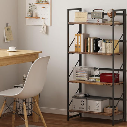 JSB No Assembly Folding Bookshelf, 4 Tier Industrial Metal Book Shelf - Image 4