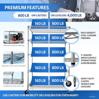 4000 LBS Heavy Duty Wire Rack 48 x 18 x 76, 5-Tier NSF Commercial Rolling Rack - Image 5