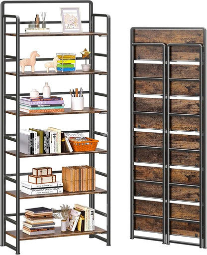 4NM No Assembly 6 Tiers Folding Bookshelf Storage Shelves Vintage Bookcase by 4NM