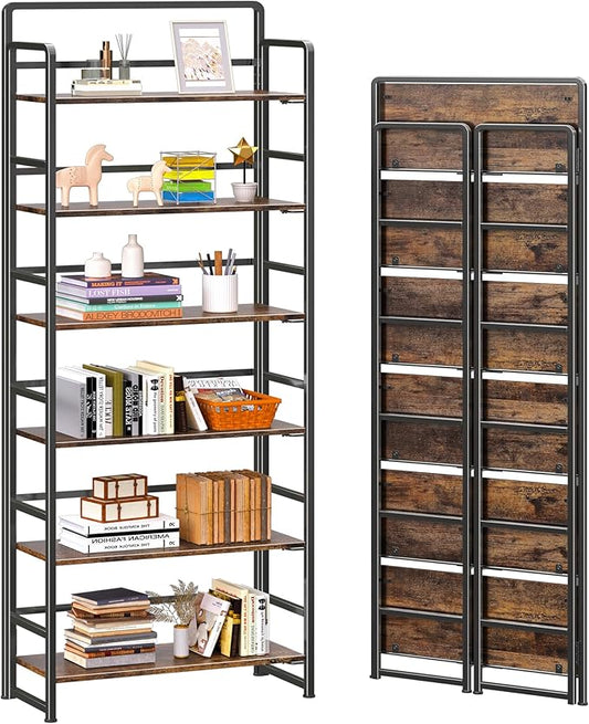 4NM No Assembly 6 Tiers Folding Bookshelf Storage Shelves Vintage Bookcase by 4NM