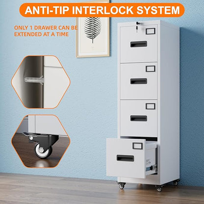 METAN 4 Drawer File Cabinet on Wheels, Lockable Metal Filing Cabinet - Image 5