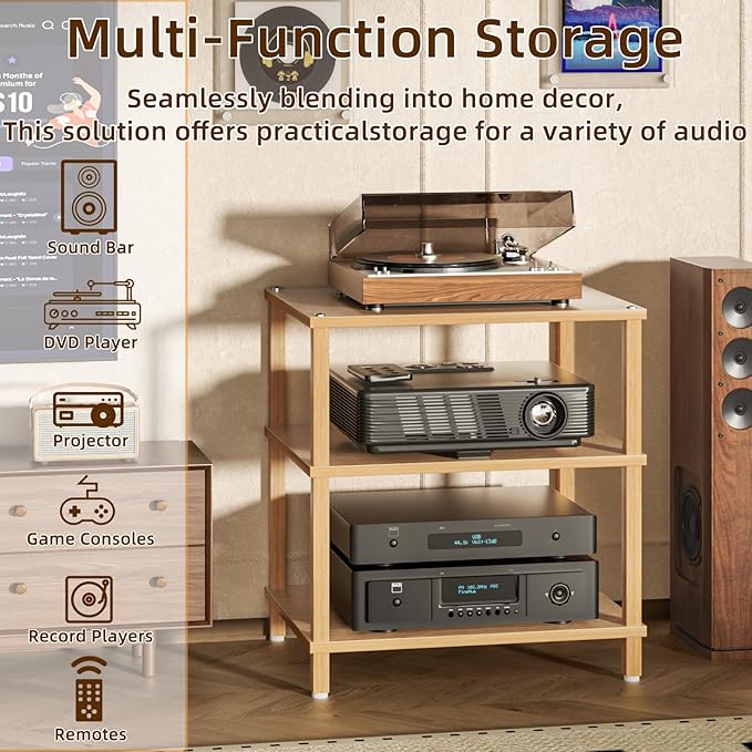 LELELINKY 3-Tier AV Media Player Stand Set of 2, Natural Stereo Cabinet - Image 5