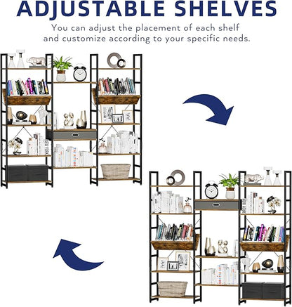 NUMENN Triple Wide 5 Tier Bookshelf, Adjustable Rustic Industrial Style Book - Image 4