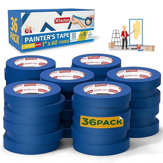 XFasten Blue Painters Tape 1 Inch Wide x 6, 480 Feet 36-Pack Bulk UV by XFasten