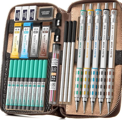 Nicpro Blocky Gear Metal Mechanical Pencil Set in Leather Case, 0.9&2mm Lead by Nicpro