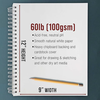 U.S. Art Supply 9"x12" Sketch Book Pad, 2 Pack, 60lb Spiral Bound - Image 3