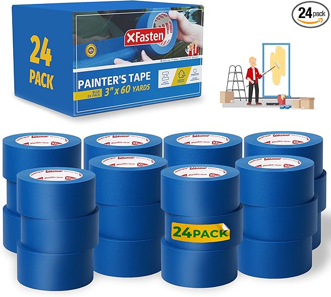 XFasten Blue Painters Tape 3 Inch Wide x 180 Feet Bulk Wall Safe UV-Resistant by XFasten