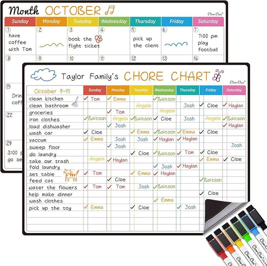 Magnetic Dry Erase Chore Chart, Monthly Calendar Set by CleverClean