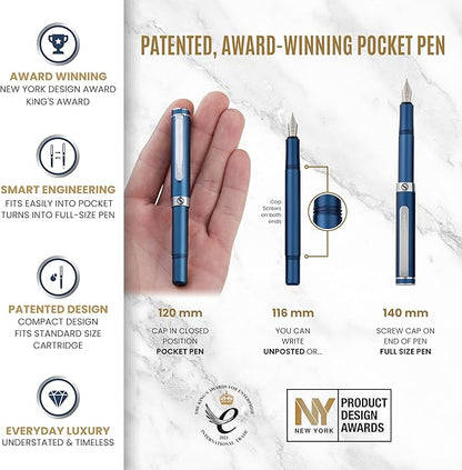 Scriveiner Luxury EDC Fountain Pen, Stunning Matt Blue Pocket Pen, Chrome Finish - Image 4