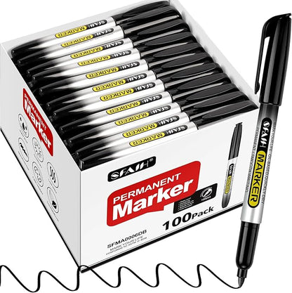 SFAIH 100 Black Permanent Markers Bulk -1s Quick Drying, Fine Point Markers by SFAIH