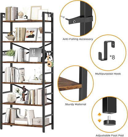 Homeiju 6 Tier Bookshelf, Industrial Bookcase - Image 4