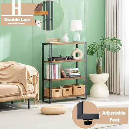 HCHQHS Bookshelf, 4-Tier Industrial Bookcase, Rustic Open Book Shelf, - Image 6